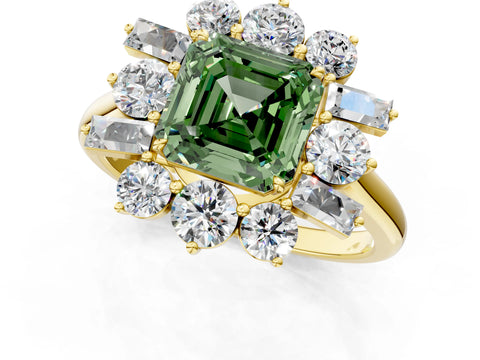 Yellow gold Fancy Green Asscher Cut Diamond Cluster Ring with Round and Baguette Stones, Split Shank Band, Prong Setting_1