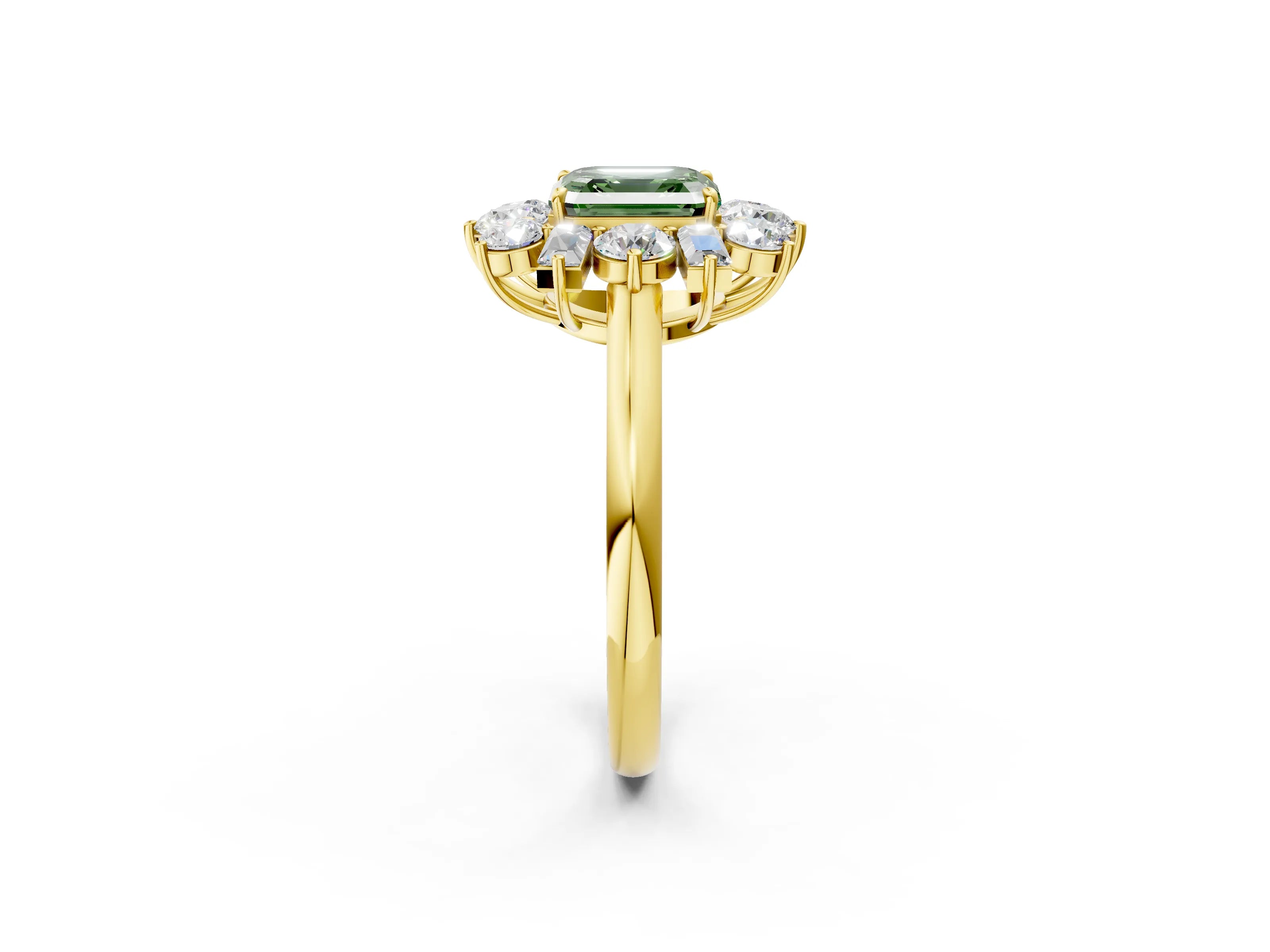 Yellow gold Fancy Green Asscher Cut Diamond Cluster Ring with Round and Baguette Stones, Split Shank Band, Prong Setting_2