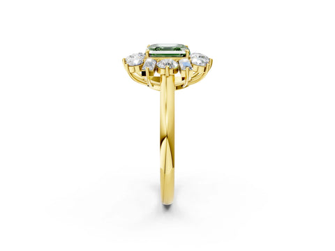 Yellow gold Fancy Green Asscher Cut Diamond Cluster Ring with Round and Baguette Stones, Split Shank Band, Prong Setting_2