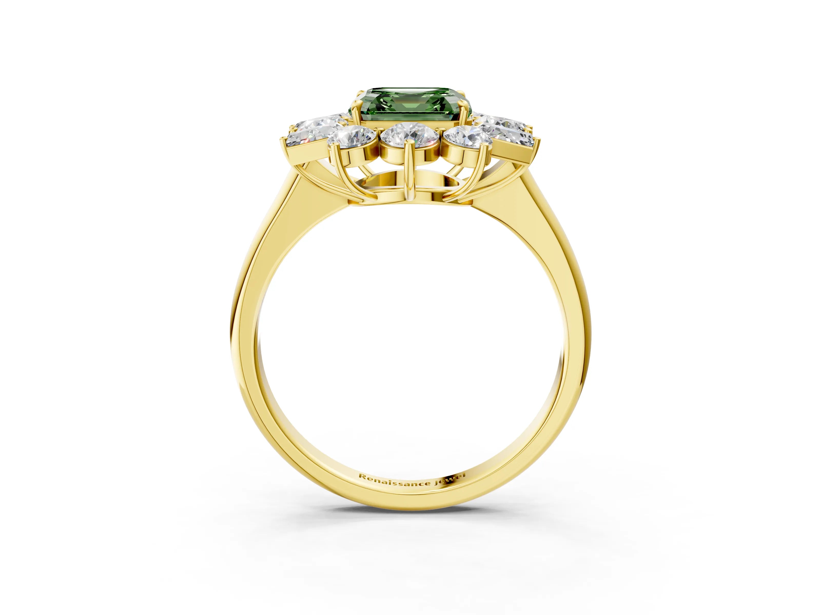 Yellow gold Fancy Green Asscher Cut Diamond Cluster Ring with Round and Baguette Stones, Split Shank Band, Prong Setting_3