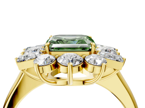 Yellow gold Fancy Green Asscher Cut Diamond Cluster Ring with Round and Baguette Stones, Split Shank Band, Prong Setting_4