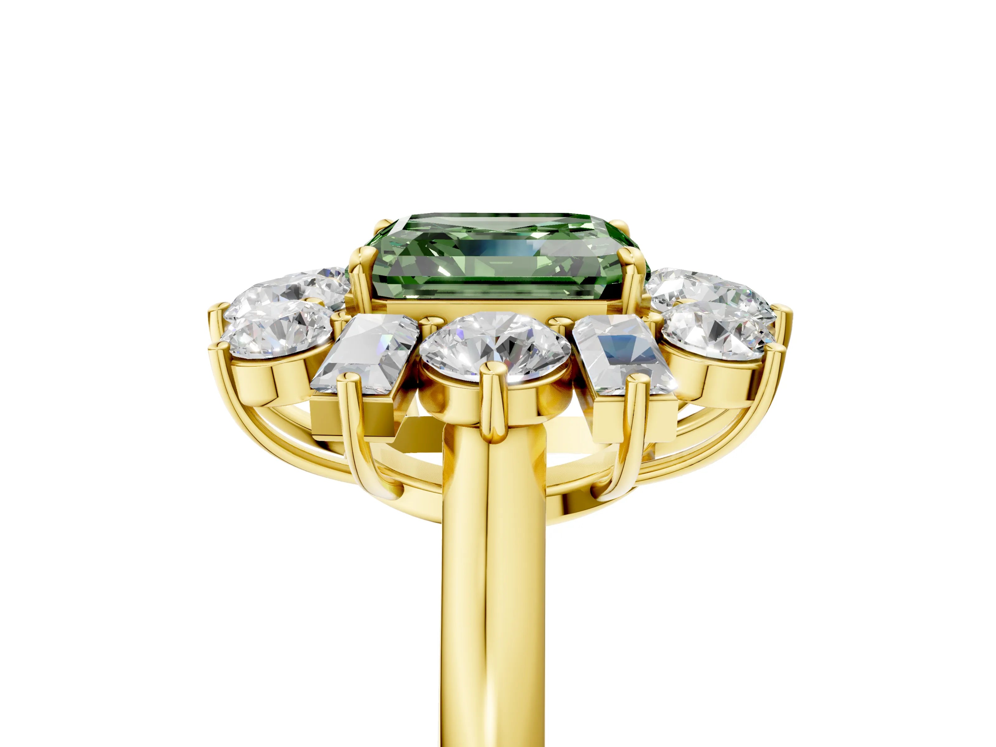 Yellow gold Fancy Green Asscher Cut Diamond Cluster Ring with Round and Baguette Stones, Split Shank Band, Prong Setting_5