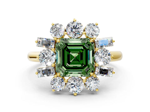 Yellow gold Fancy Green Asscher Cut Diamond Cluster Ring with Round and Baguette Stones, Split Shank Band, Prong Setting
