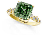 Yellow gold Fancy Green Asscher Cut Diamond Cluster Side Stone Solitaire Ring with Prong Setting_29