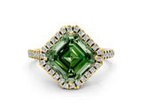 Yellow gold Fancy Green Asscher Cut Diamond Cushion Halo Ring with Pavé Band