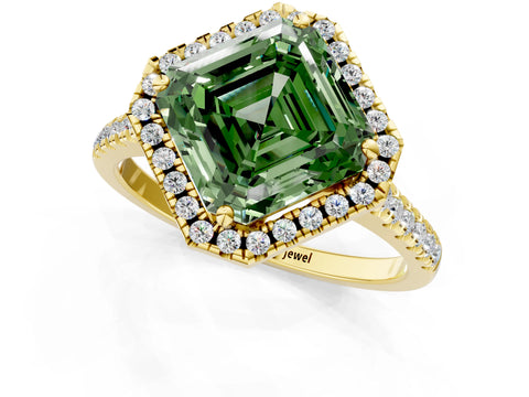 Yellow gold Fancy Green Asscher Cut Diamond Cushion Halo Ring with Pavé Band_1