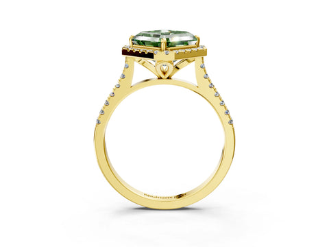 Yellow gold Fancy Green Asscher Cut Diamond Cushion Halo Ring with Pavé Band_3