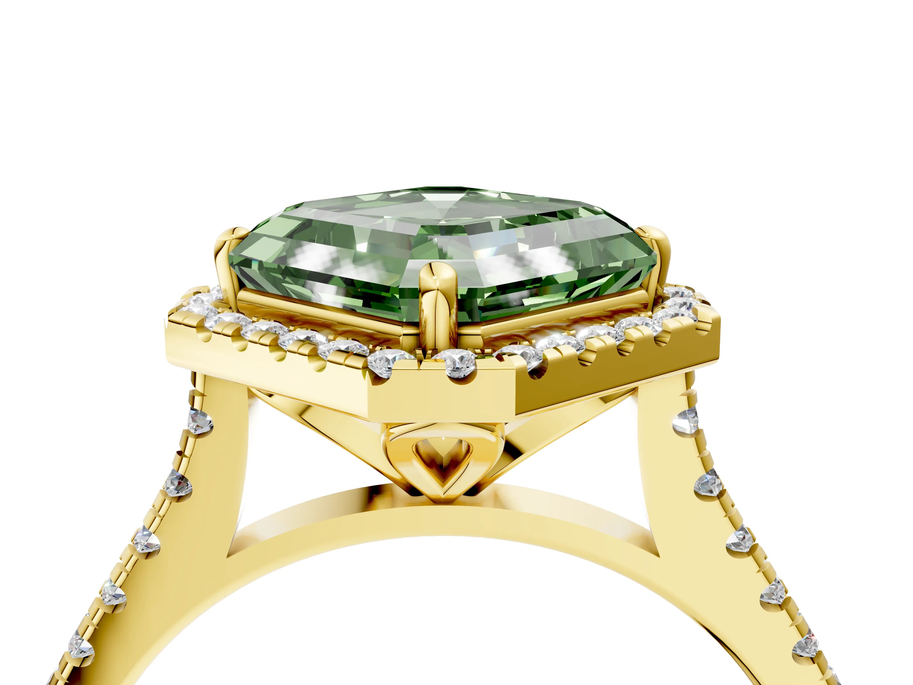 Yellow gold Fancy Green Asscher Cut Diamond Cushion Halo Ring with Pavé Band_4