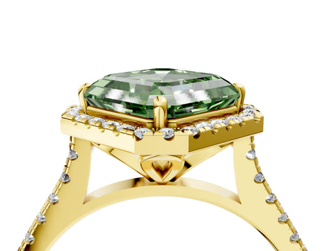 Yellow gold Fancy Green Asscher Cut Diamond Cushion Halo Ring with Pavé Band_4