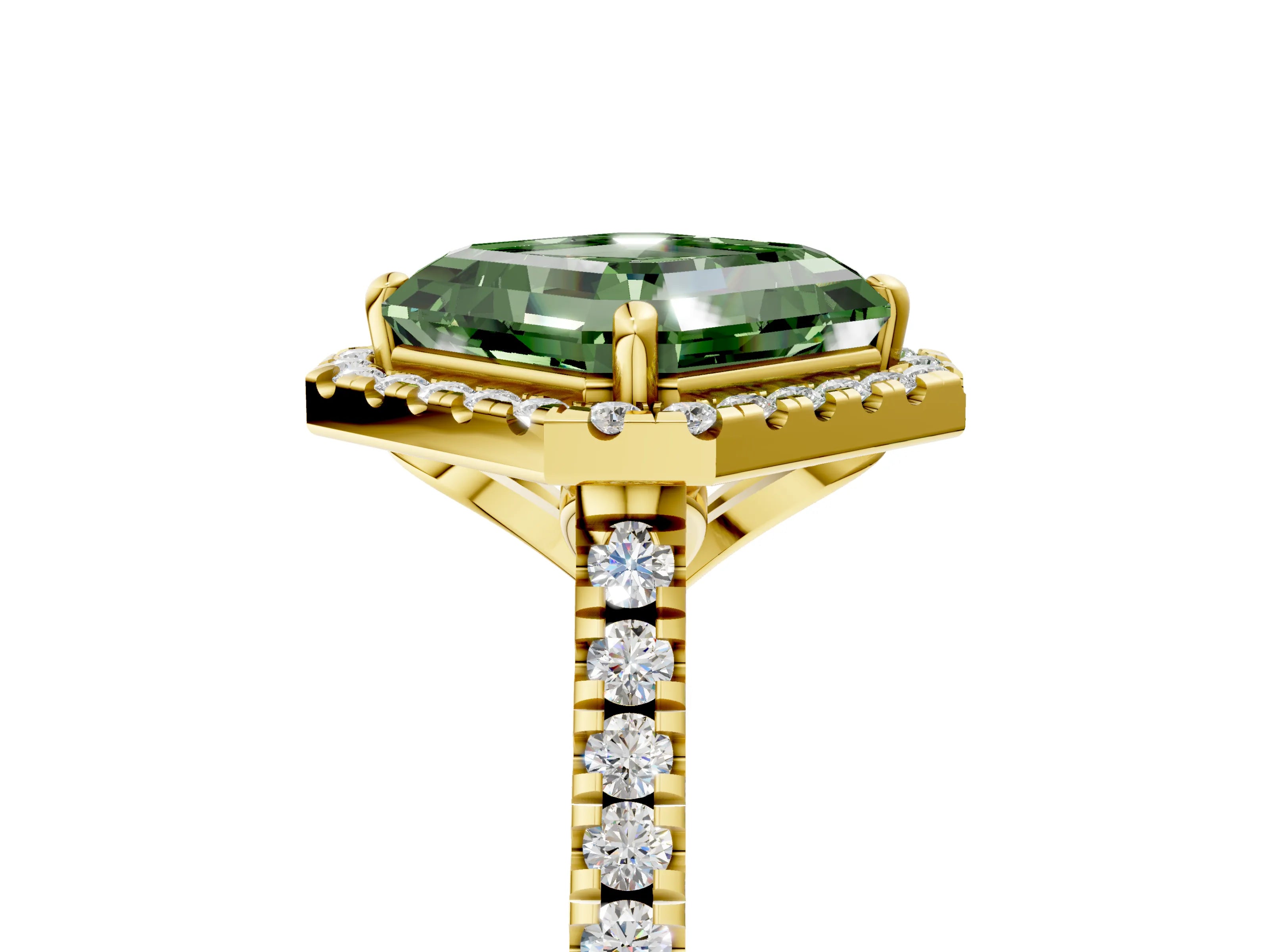 Yellow gold Fancy Green Asscher Cut Diamond Cushion Halo Ring with Pavé Band_5