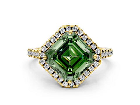 Yellow gold Fancy Green Asscher Cut Diamond Cushion Halo Ring with Pavé Band