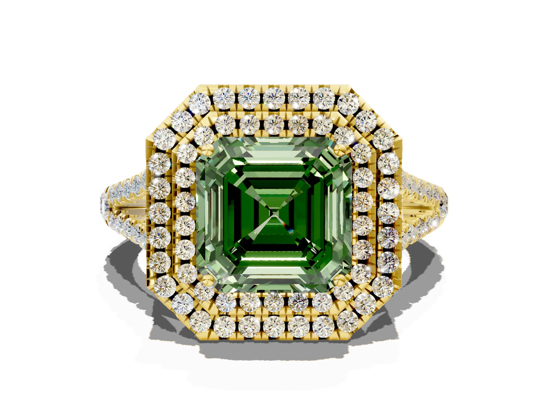 Yellow gold Fancy Green Asscher Cut Diamond Double Halo Ring with Pavé Band and Prong Setting_17