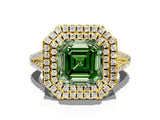 Yellow gold Fancy Green Asscher Cut Diamond Double Halo Ring with Pavé Band and Prong Setting_17