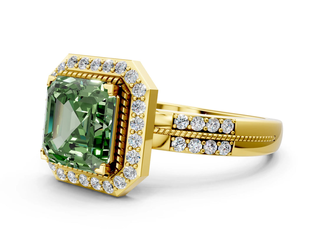 Yellow gold Fancy Green Asscher Cut Diamond Double Halo Ring with Split Shank and Four-Prong Setting_12