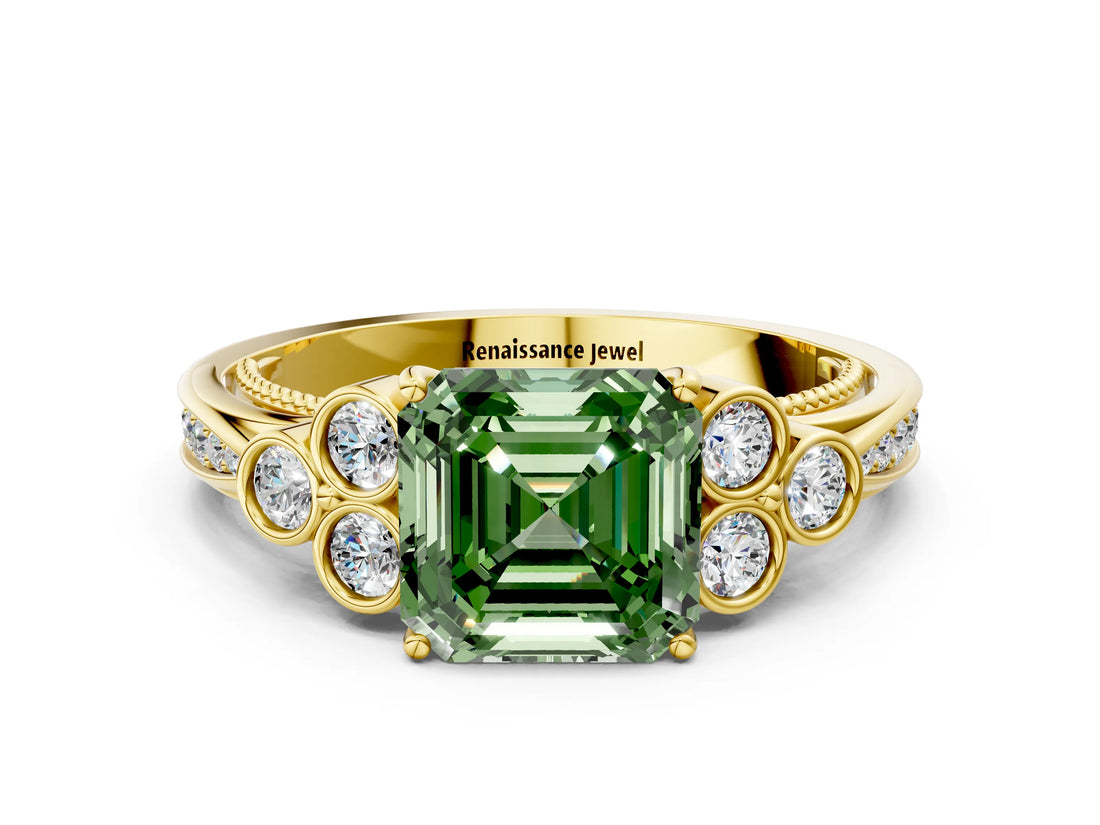 Yellow gold Fancy Green Asscher  Cut Diamond Engagement Ring with Bezel Set Round Side Stones and Prong Setting_63