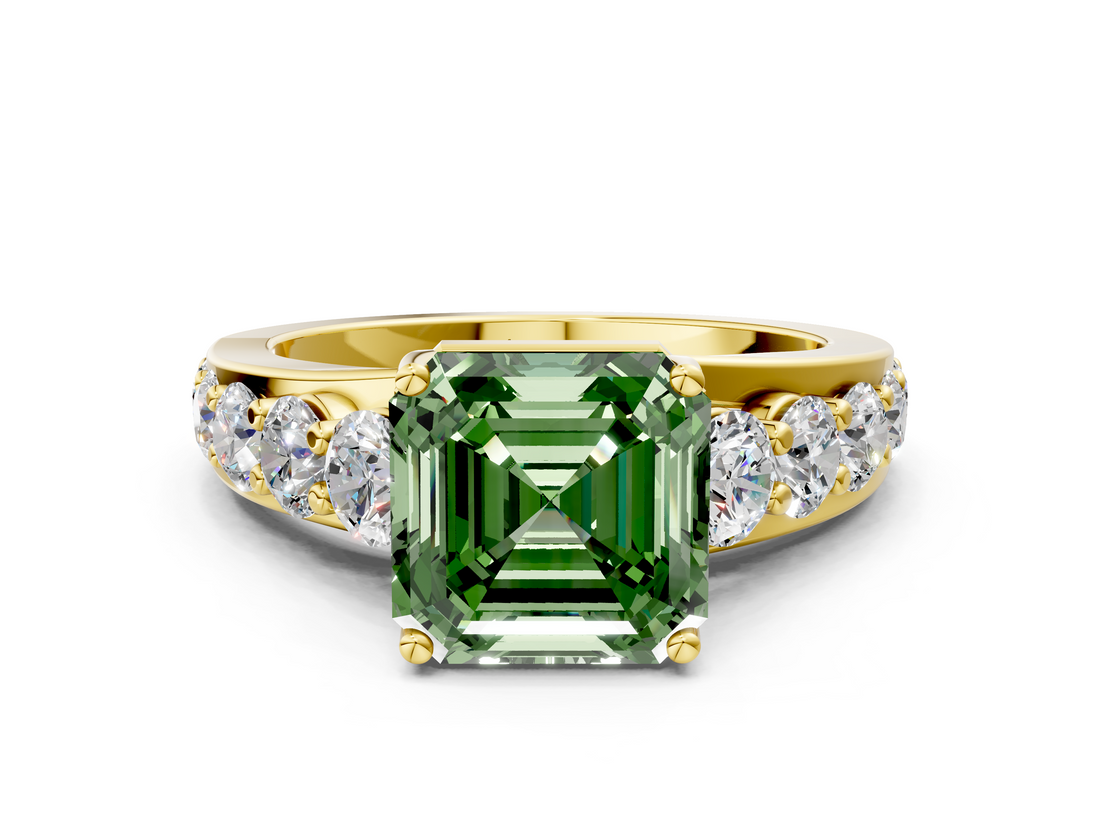 Yellow gold Fancy Green Asscher  Cut Diamond Engagement Ring with Pavé Band and Four-Prong Setting_3