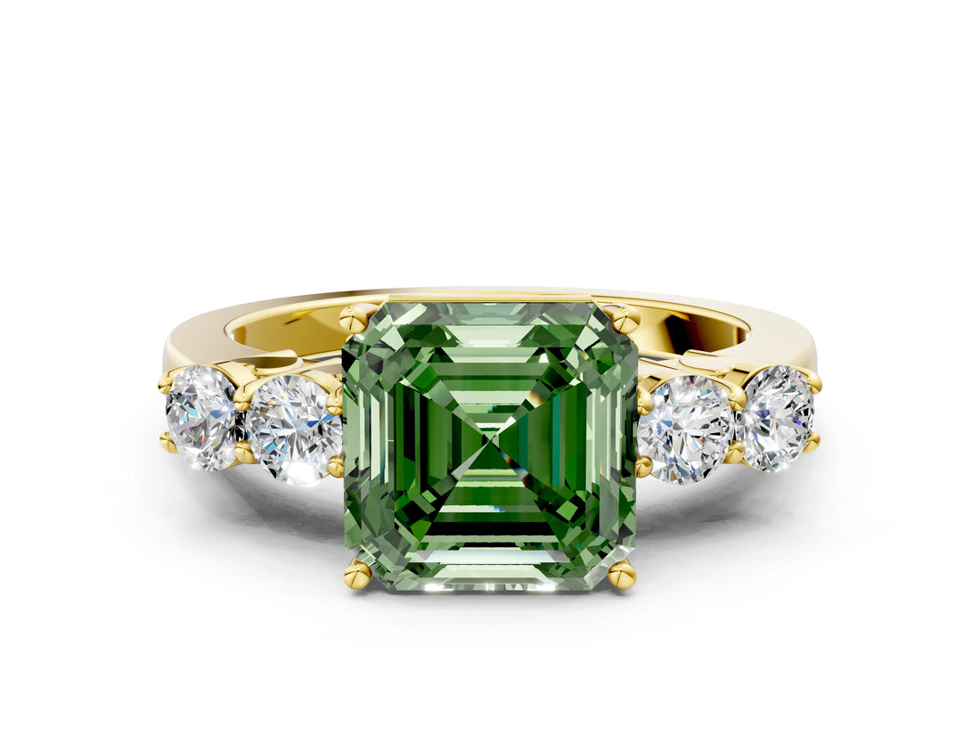 Yellow gold Fancy Green Asscher  Cut Diamond Five-Stone Prong Set White Gold Ring_30