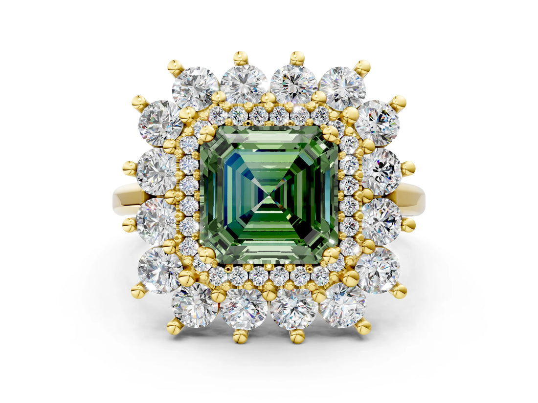 Yellow gold Fancy Green Asscher Cut Diamond Floral Double Halo Engagement Ring with Prong Setting