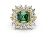 Yellow gold Fancy Green Asscher Cut Diamond Floral Double Halo Engagement Ring with Prong Setting