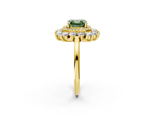 Yellow Gold Asscher Cut Floral Double Halo Engagement Ring Setting for Fancy Green Center