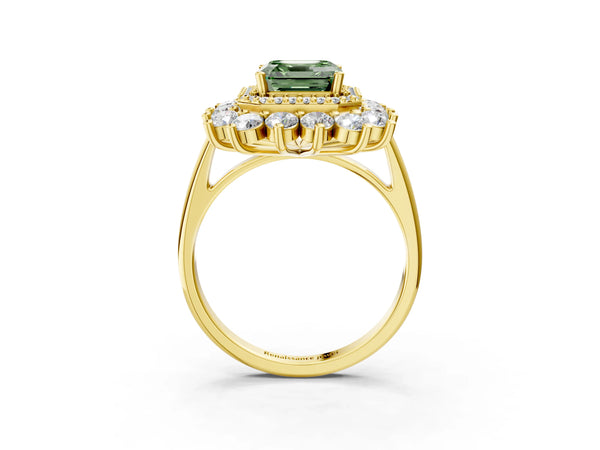 Yellow Gold Asscher Cut Floral Double Halo Engagement Ring Setting for Fancy Green Center