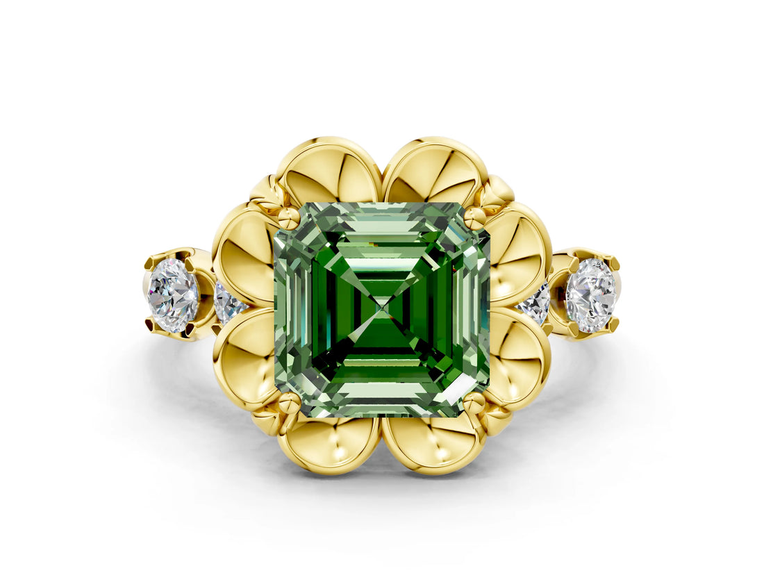 Yellow gold Fancy Green Asscher  Cut Diamond Floral Halo Engagement Ring with Shared Prong Setting 1