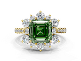 Yellow gold Fancy Green Asscher  Cut Diamond Floral Halo Pave Band with Prong Setting