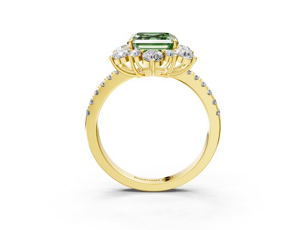 Yellow Gold Asscher Cut Star Floral Halo Engagement Ring Setting for Fancy Green Center
