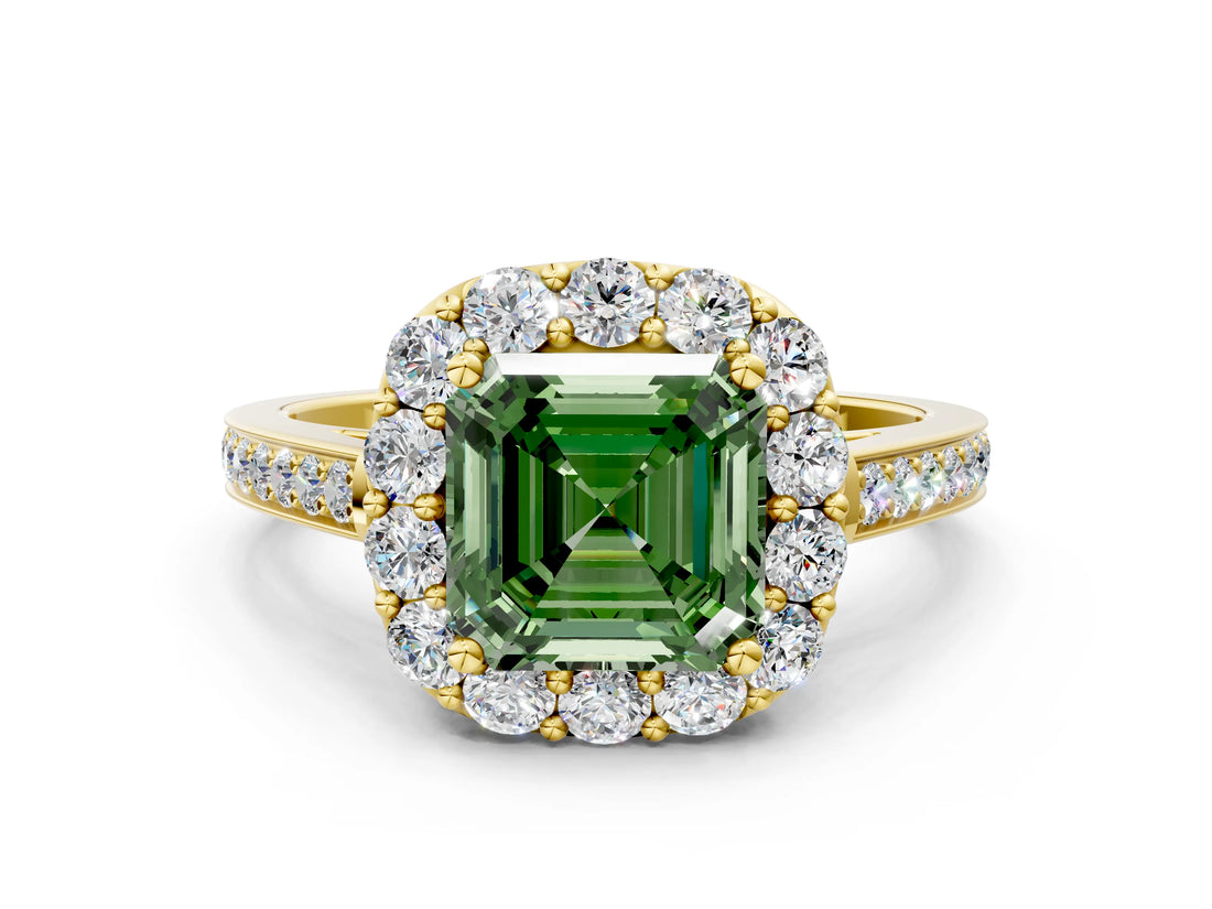 Yellow gold Fancy Green Asscher Cut Diamond Floral Halo Ring with Pavé Band and Prong Setting_3