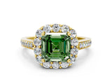 Yellow gold Fancy Green Asscher Cut Diamond Floral Halo Ring with Pavé Band and Prong Setting_3