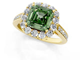 Yellow gold Fancy Green Asscher Cut Diamond Floral Halo Ring with Pavé Band and Prong Setting_4