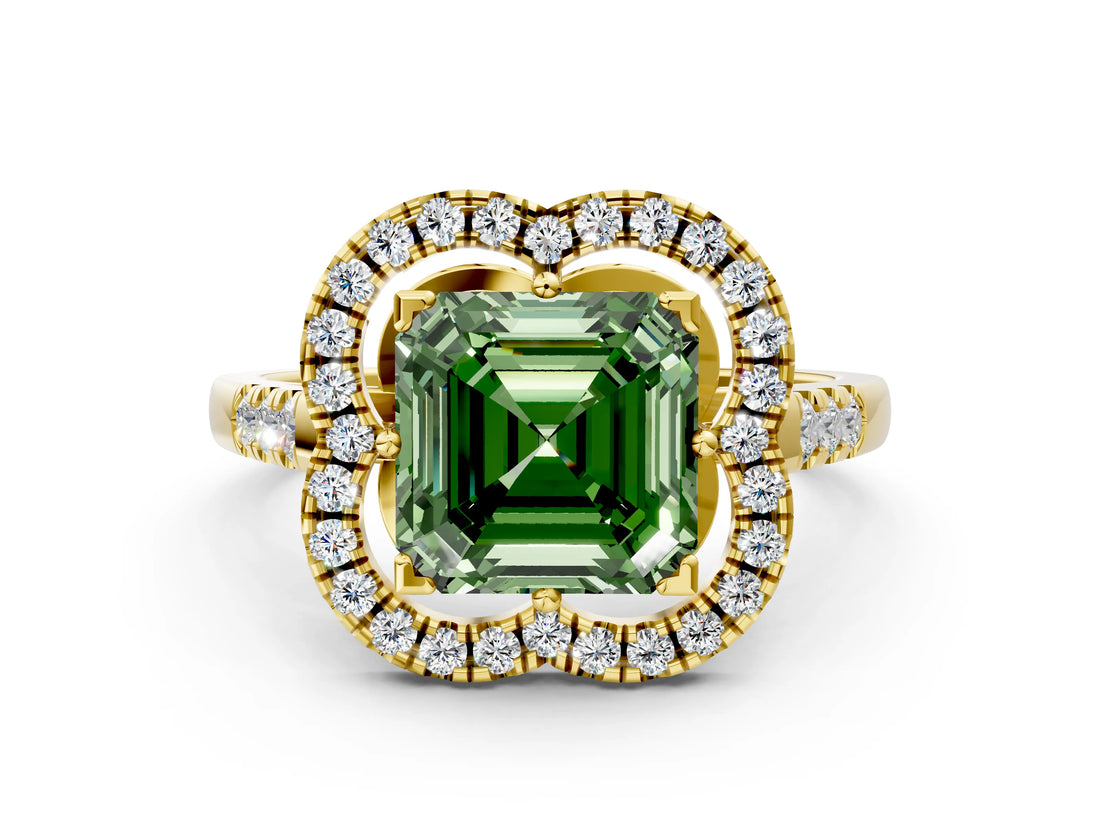 Yellow gold Fancy Green Asscher Cut Diamond Floral Halo Split Shank Prong Setting Ring_12