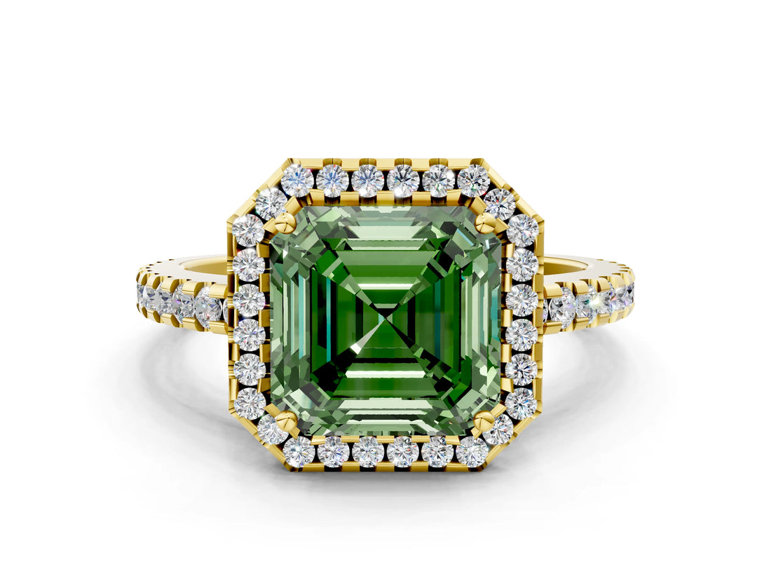 Yellow gold Fancy Green Asscher Cut Diamond Halo Engagement Ring with Pavé Band and Prong Setting_27