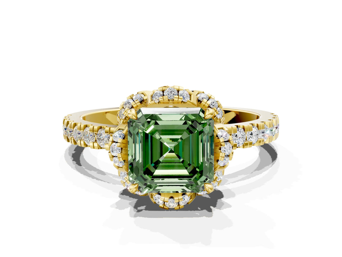 Yellow gold Fancy Green Asscher Cut Diamond Halo Pave Band with Four-Prong Setting_3
