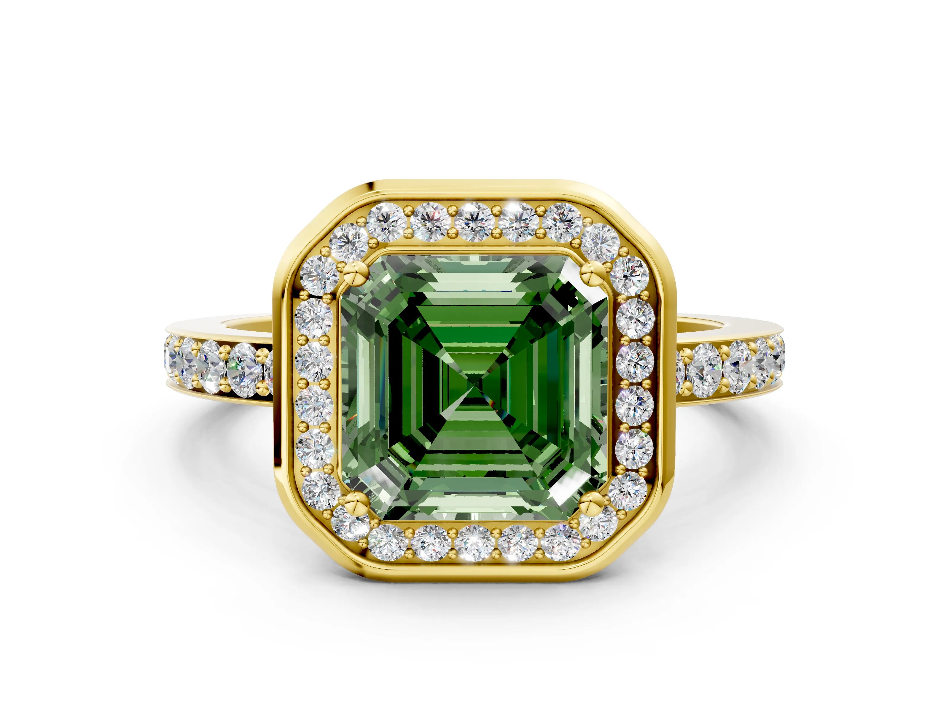 Yellow gold Fancy Green Asscher Cut Diamond Halo Ring with Bezel Frame and Pavé Band