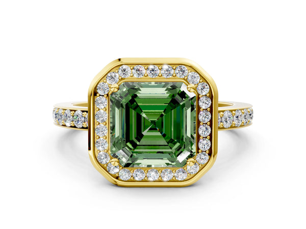 Yellow Gold Asscher Cut Pave Bezel-Rim Halo Engagement Ring Setting for Fancy Green Center