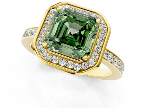 Yellow gold Fancy Green Asscher Cut Diamond Halo Ring with Bezel Frame and Pavé Band_1