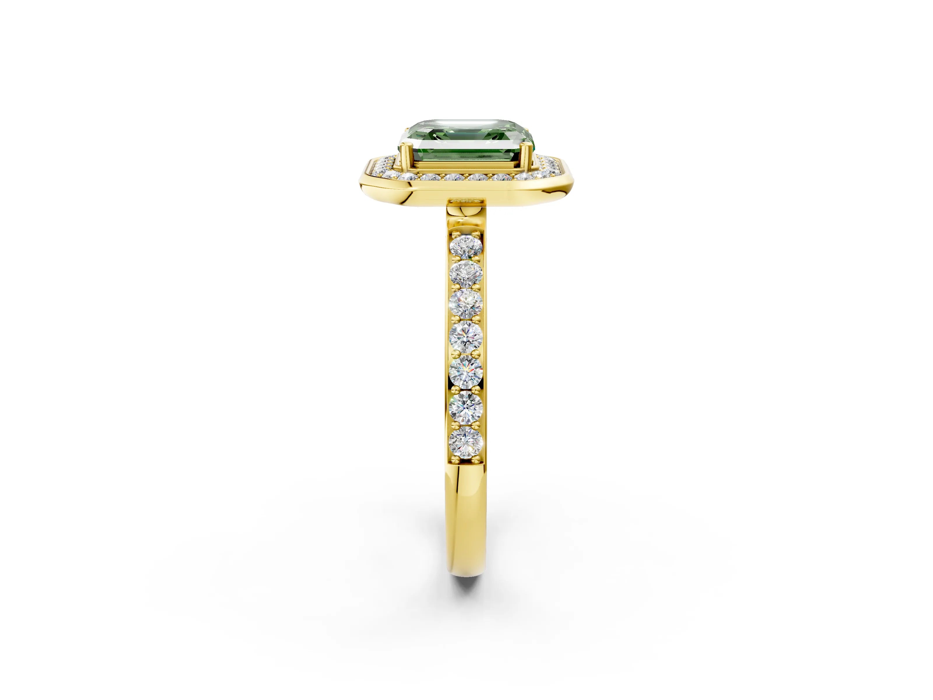 Yellow gold Fancy Green Asscher Cut Diamond Halo Ring with Bezel Frame and Pavé Band_2