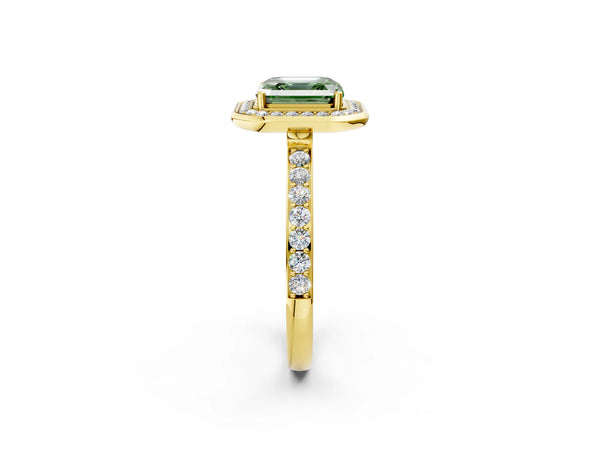 Yellow Gold Asscher Cut Pave Bezel-Rim Halo Engagement Ring Setting for Fancy Green Center