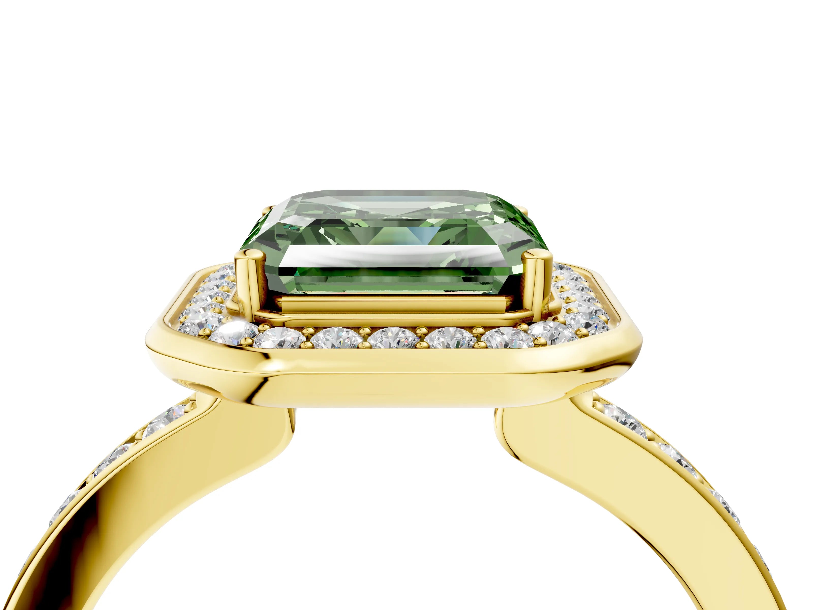 Yellow gold Fancy Green Asscher Cut Diamond Halo Ring with Bezel Frame and Pavé Band_4