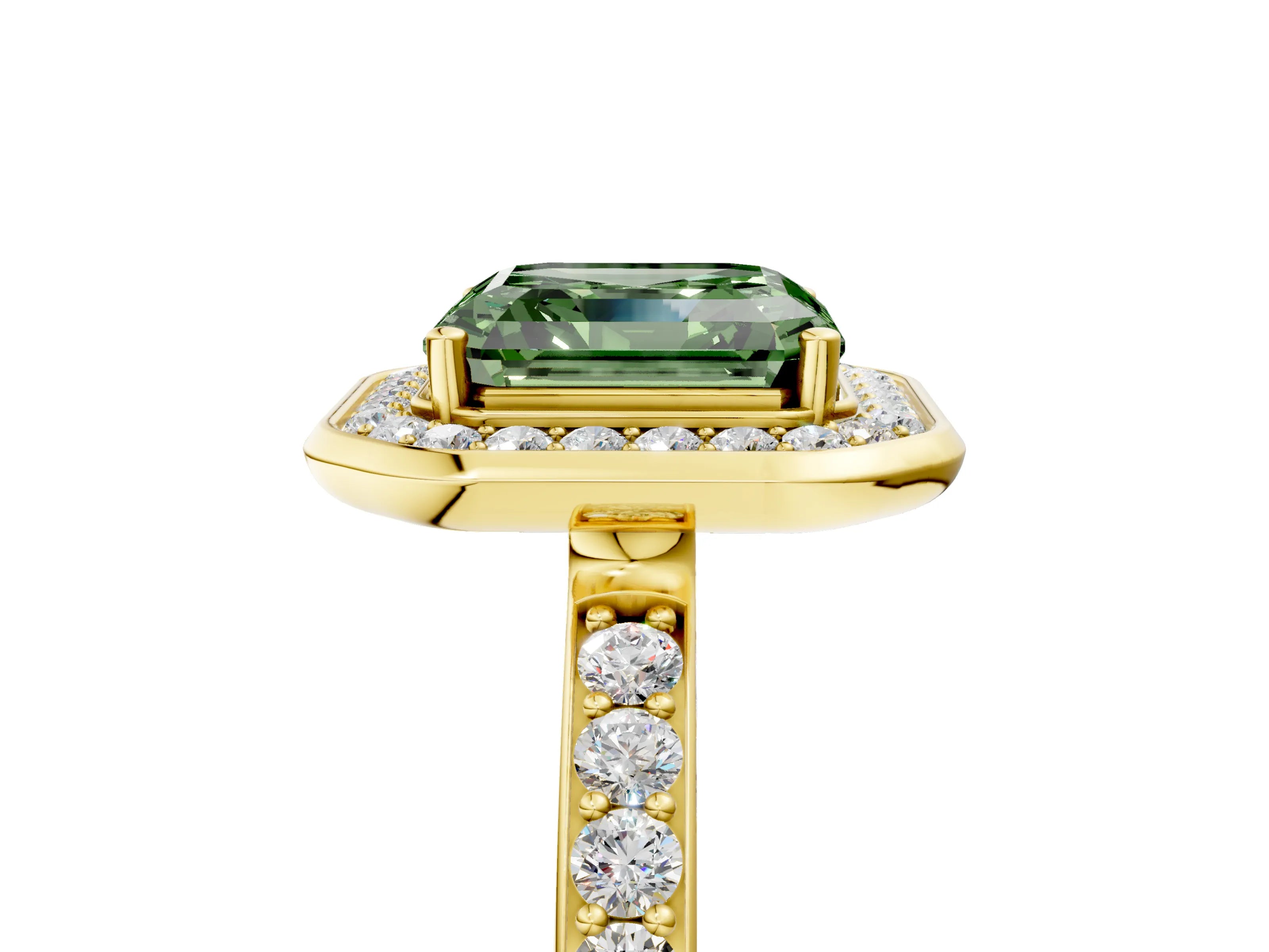 Yellow gold Fancy Green Asscher Cut Diamond Halo Ring with Bezel Frame and Pavé Band_5