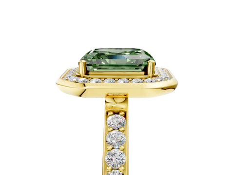 Yellow gold Fancy Green Asscher Cut Diamond Halo Ring with Bezel Frame and Pavé Band_5