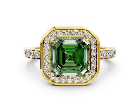 Yellow gold Fancy Green Asscher Cut Diamond Halo Ring with Bezel Frame and Pavé Band