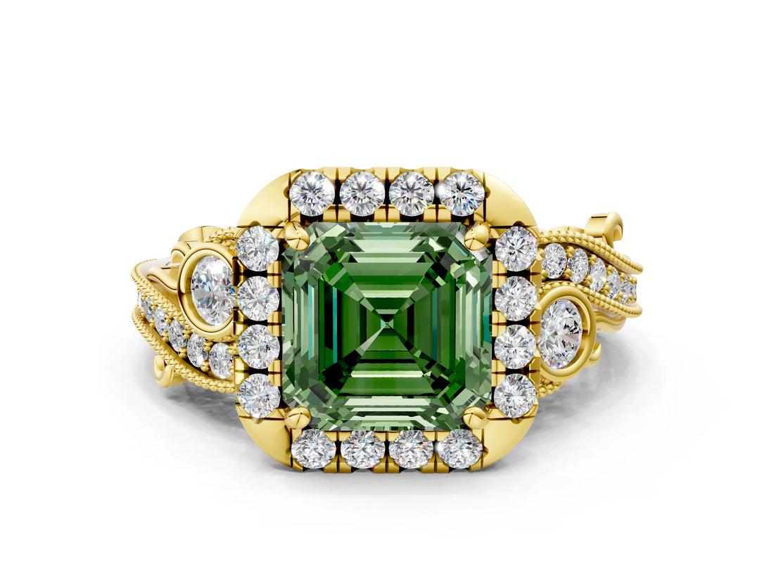 Yellow gold Fancy Green Asscher Cut Diamond Halo Ring with Milgrain Pavé Band and Four-Prong Setting_22