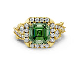 Yellow gold Fancy Green Asscher Cut Diamond Halo Ring with Milgrain Pavé Band and Four-Prong Setting_22