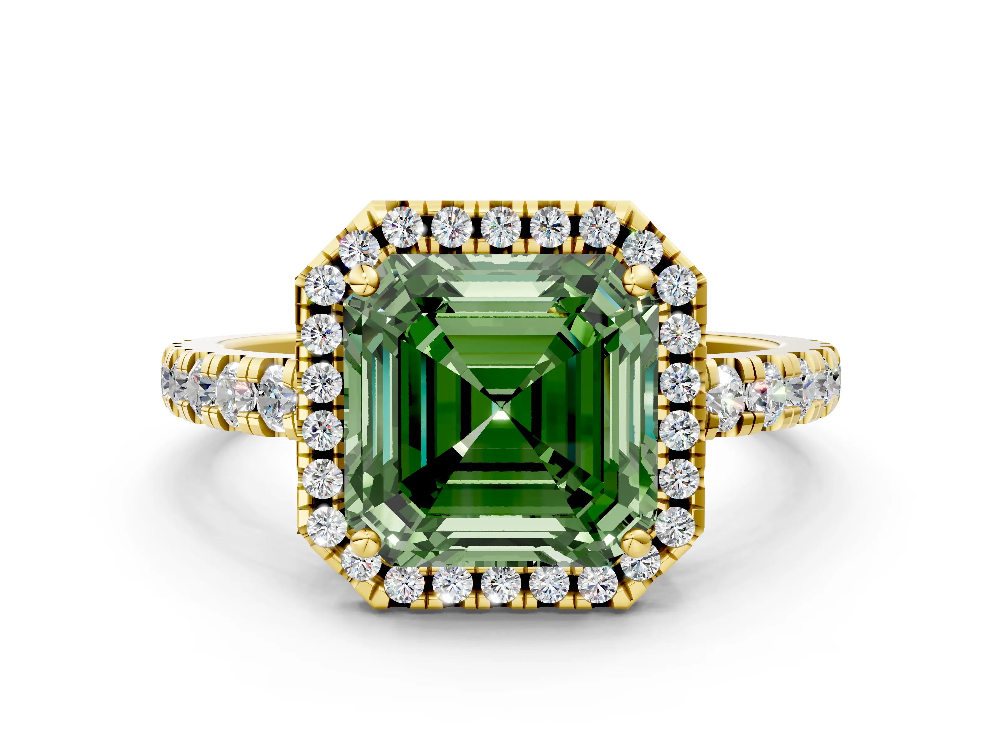Yellow gold Fancy Green Asscher Cut Diamond Halo Ring with Pavé Band and Four-Prong Setting