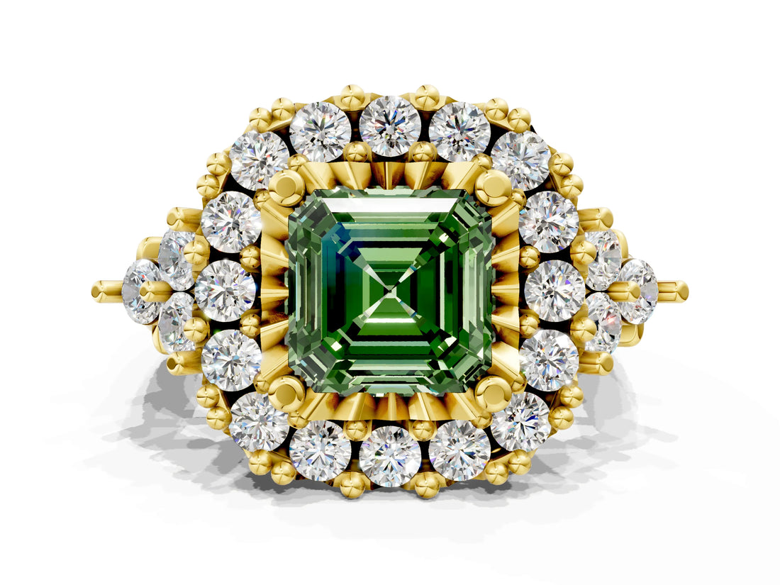 Yellow gold Fancy Green Asscher Cut Diamond Halo Ring with Pavé Band and Four-Prong Setting_17