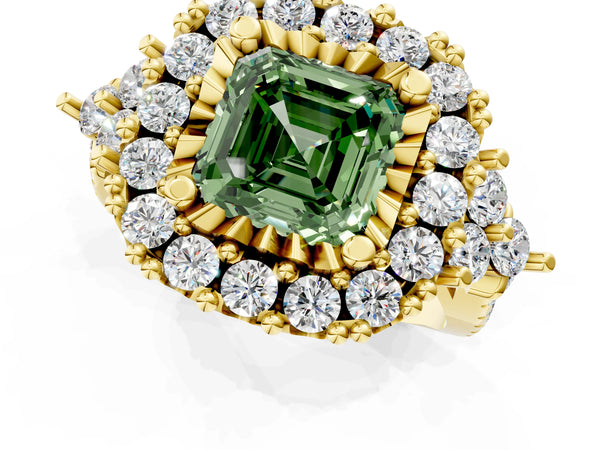 Yellow Gold Asscher Cut Halo Crossover Pave Engagement Ring Setting for Fancy Green Center