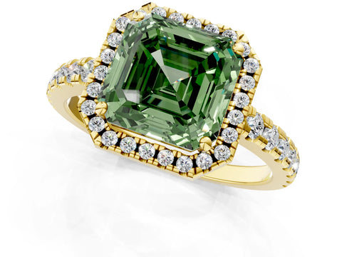 Yellow gold Fancy Green Asscher Cut Diamond Halo Ring with Pavé Band and Four-Prong Setting_1