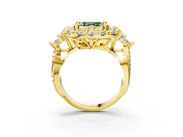 Yellow Gold Asscher Cut Halo Crossover Pave Engagement Ring Setting for Fancy Green Center